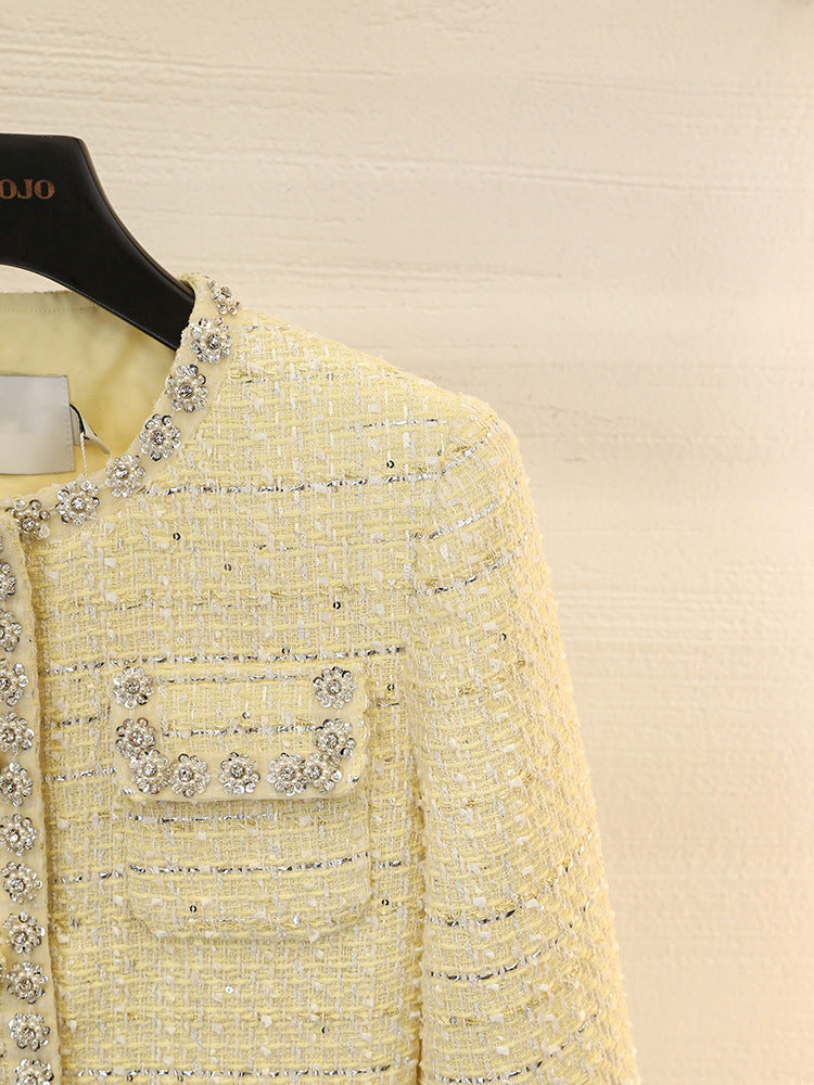 Diamond pocket check tweed coat