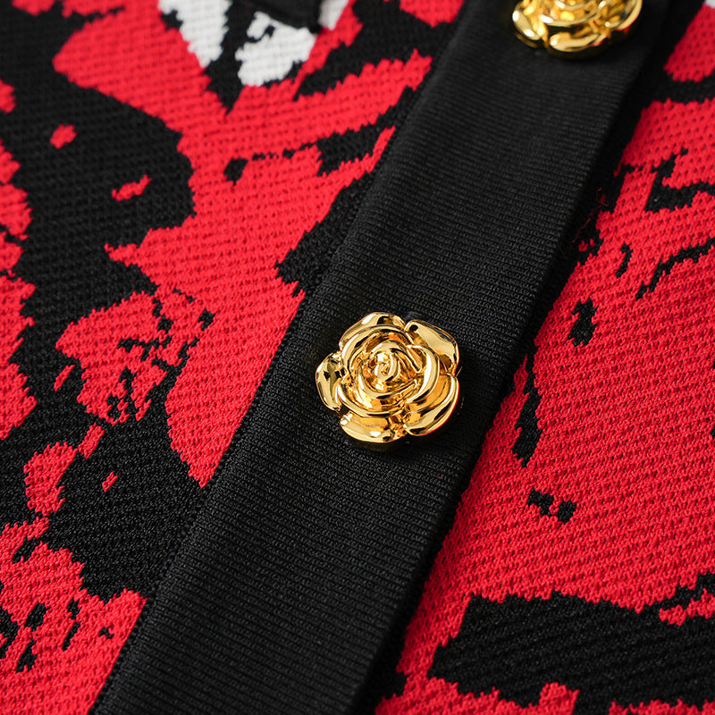 Rose jacquard flower metal buckle trim top