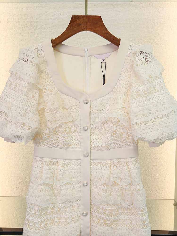 Texture U-neck puff sleeve dress