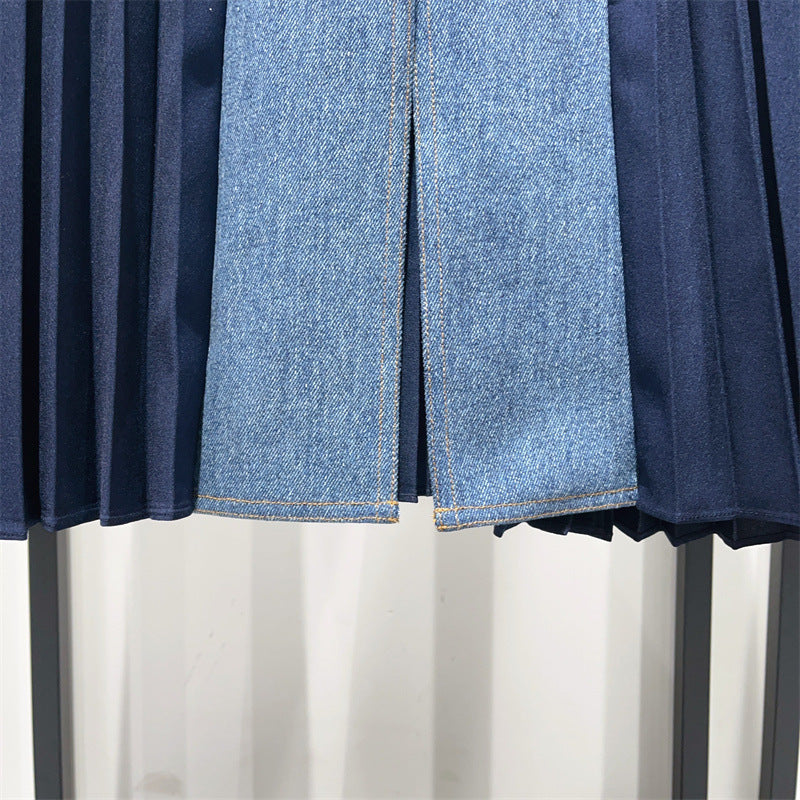 Tide Line Denim Panels Pleated Skirt