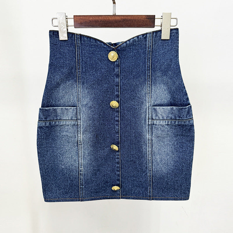 Double-breasted wash denim blazer