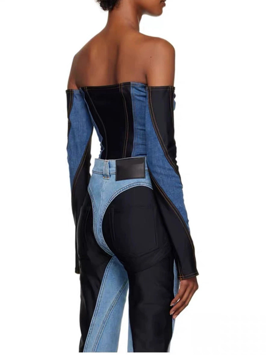 Denim one-piece long sleeved top
