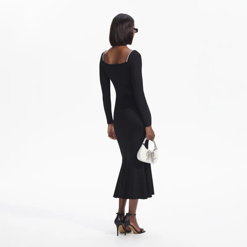 BLACK KNIT DIAMANTE TRIM MIDI DRESS
