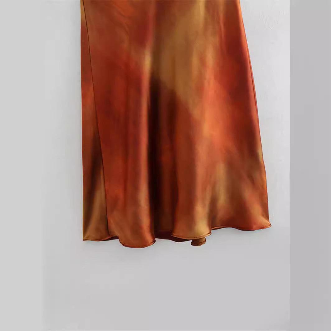 Draped collar silk satin texture printed dress