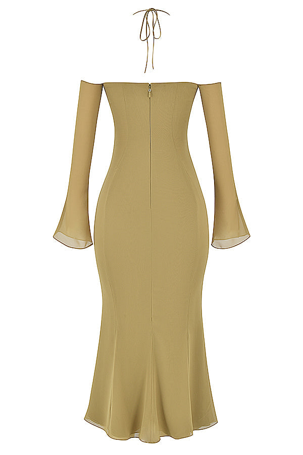 NAOMI OLIVE HALTER MIDI DRESS - Olive green