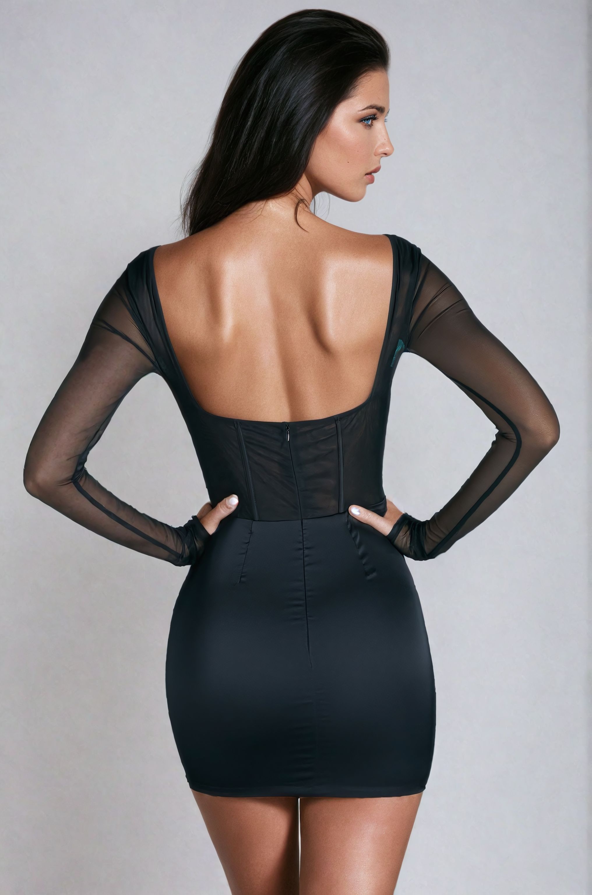 LORIENT Long Sleeve Mesh Mini Dress in Black - Black