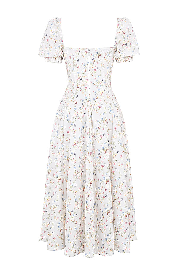 TALLULAH WHITE POSY PRINT COTTON PUFF SLEEVE MIDI SUNDRESS - White