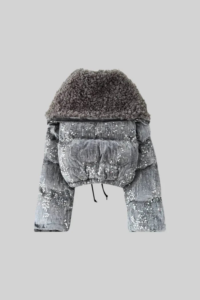 GLAMOROUS JACKET WITH SPARKLES AND FUR DETAIL - GRAY