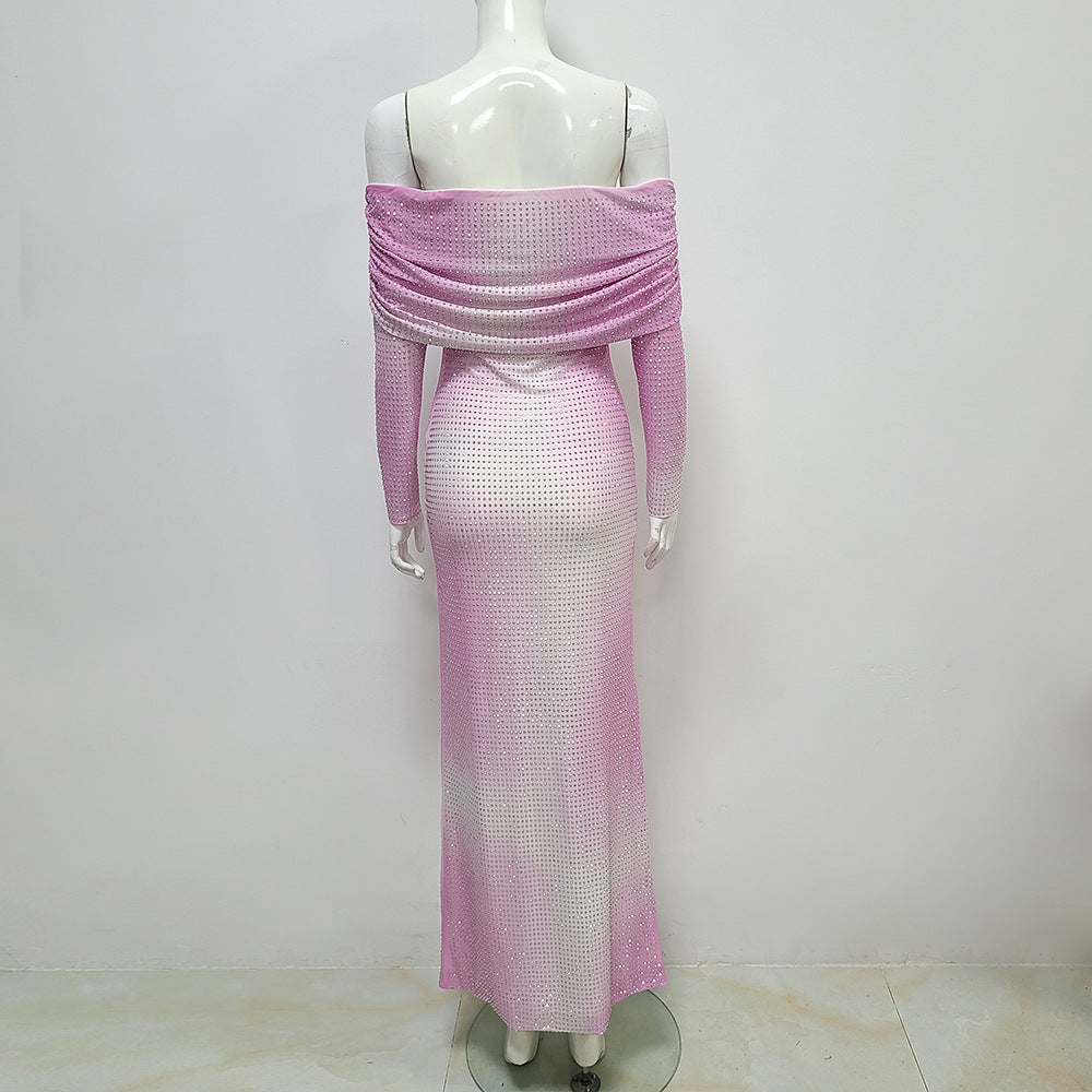 Seraphina Off-Shoulder Ombre Crystal Maxi Dress – Pink & White