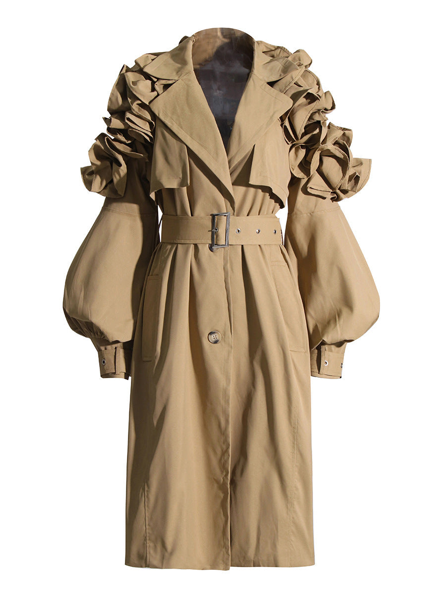 Viviana Ruffled Sleeve Trench Coat - Brown