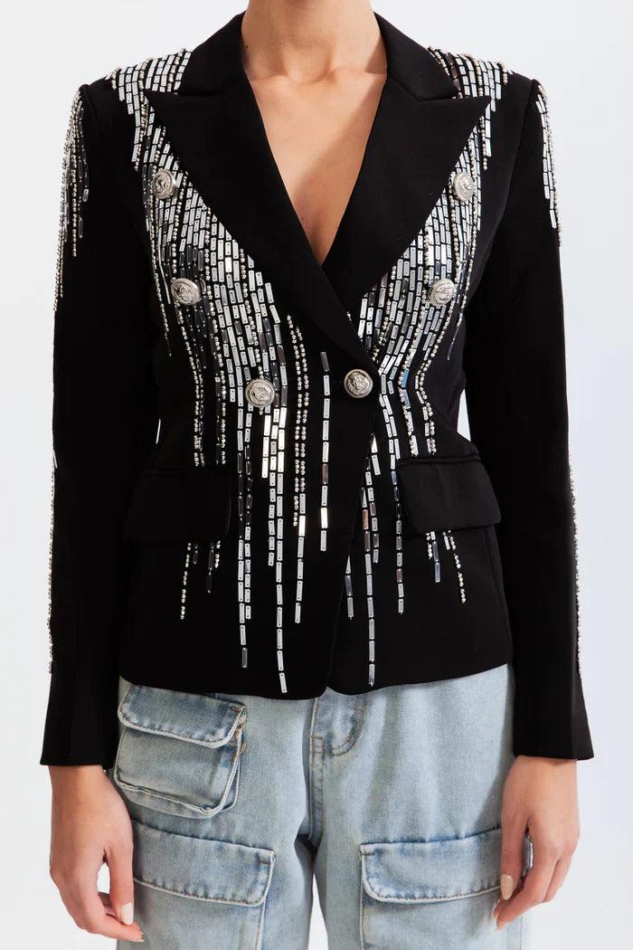 Rhinestone Double Breast Suit - Black