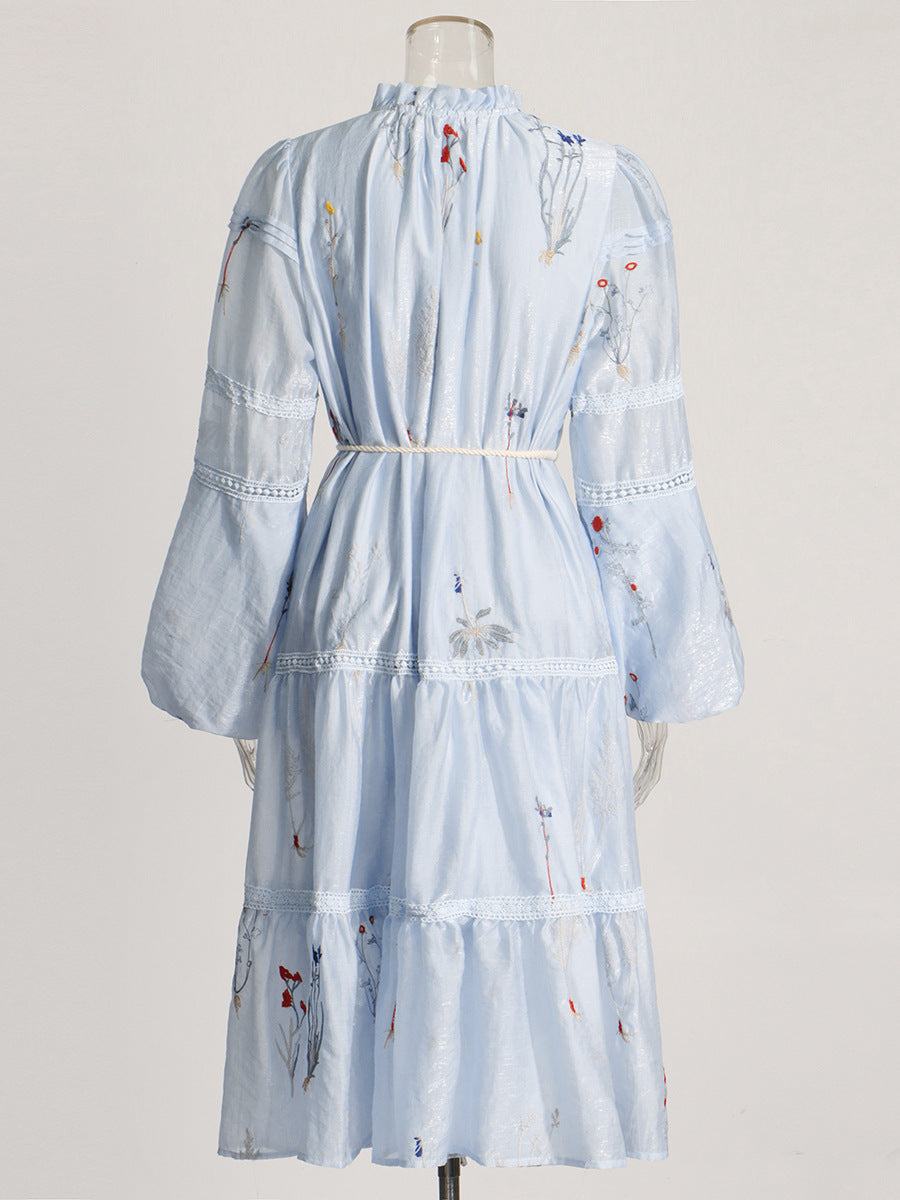 V-neck balloon sleeve tie dress women