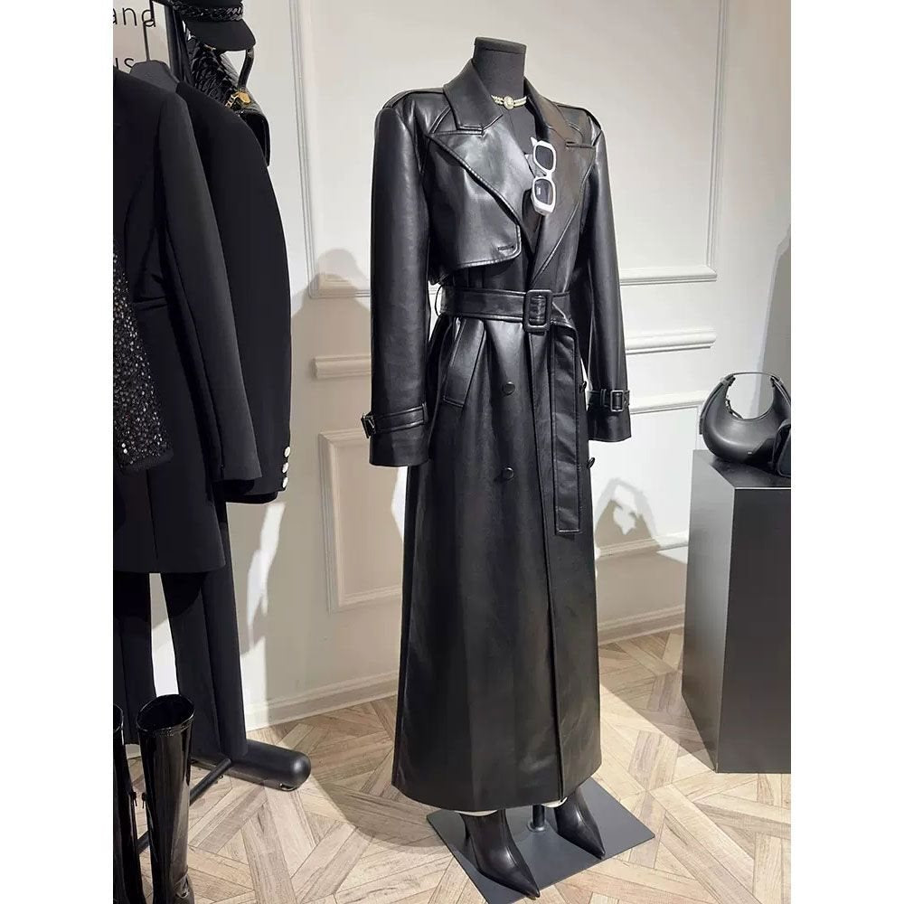 Long high-end Black leather jacket