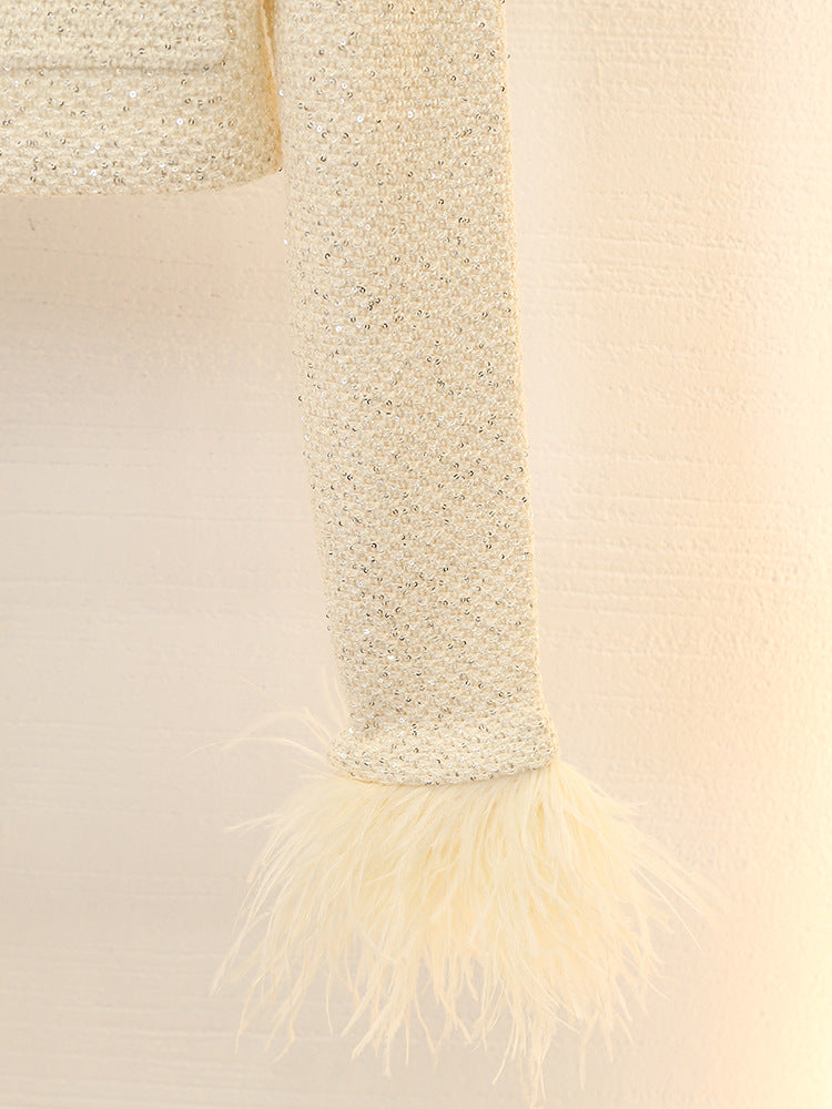 Tweed Tassel Feather Sleeve Cardigan