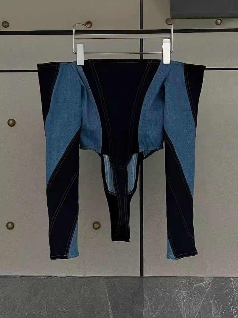 Denim one-piece long sleeved top