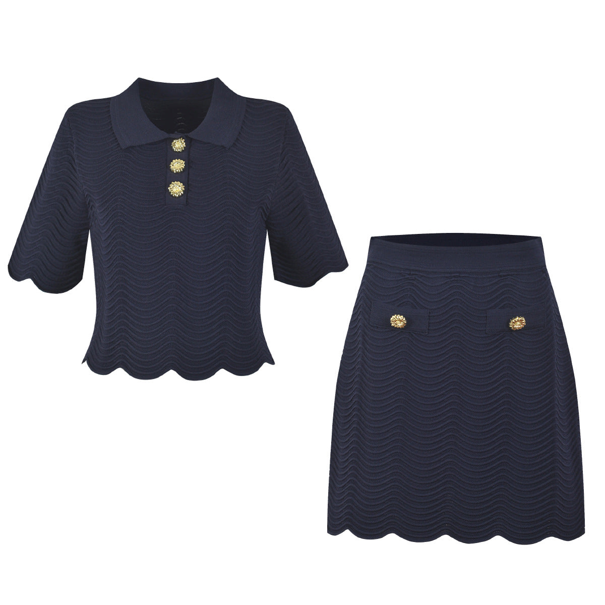 Lapel lace wavy texture knitted T-shirt skirt set