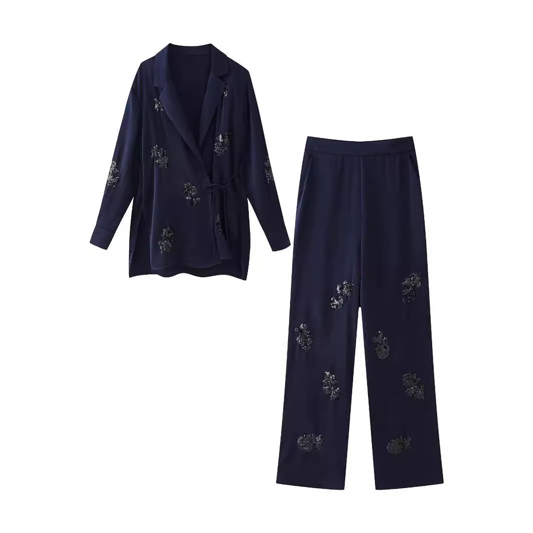 Sequins Embellished Silk Satin Set