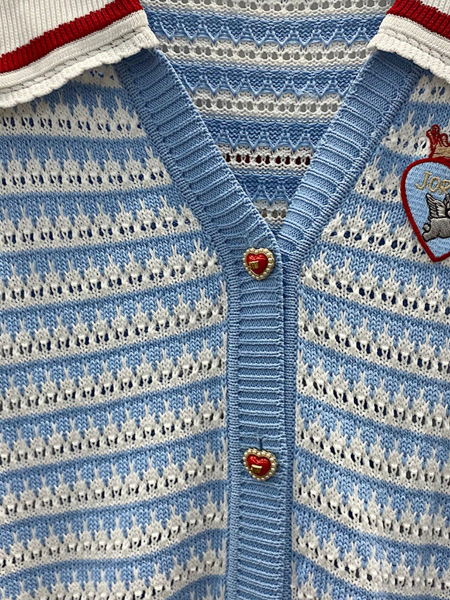 Navy collar striped knitted cardigan