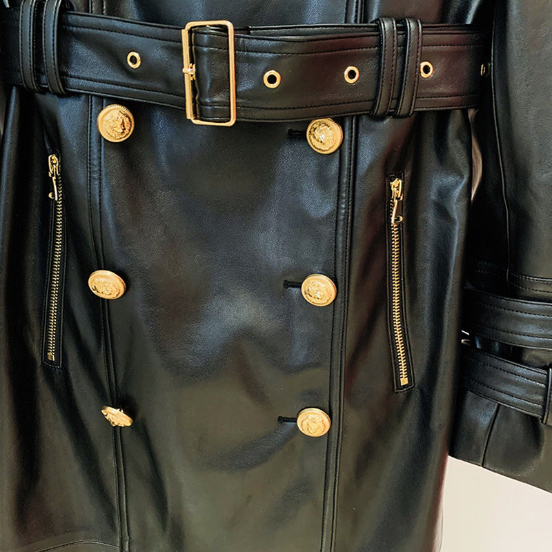 Double-breasted belt leather long trench jacket