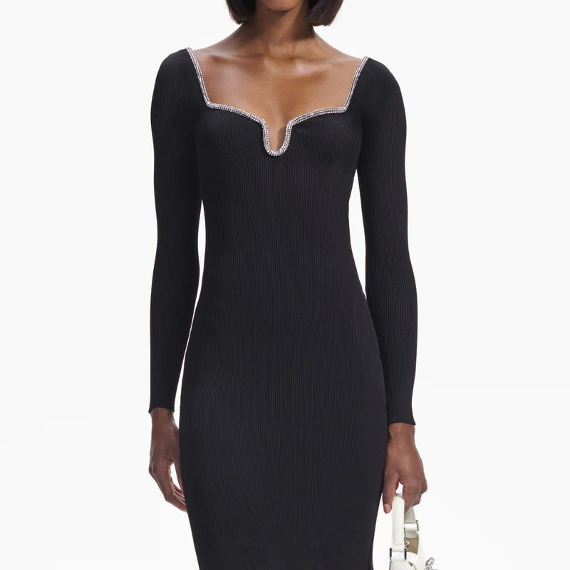 BLACK KNIT DIAMANTE TRIM MIDI DRESS