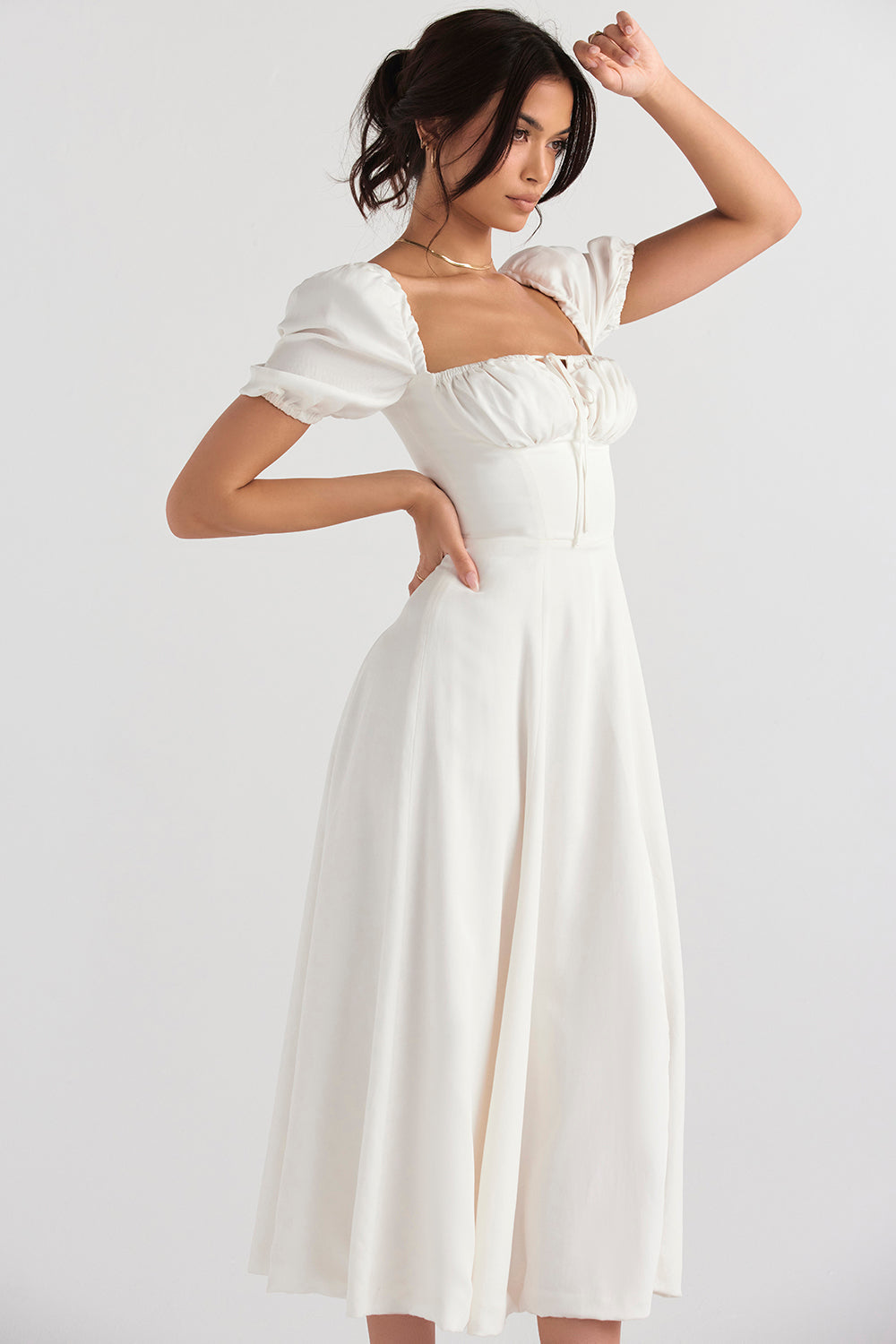 TALLULAH WHITE PUFF SLEEVE MIDI DRESS - White