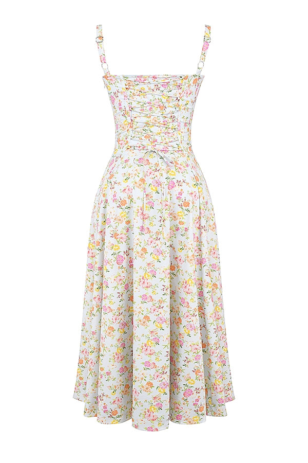 CARMEN PALE BLUE MEADOW PRINT COTTON BUSTIER SUNDRESS MIDI DRESS - White