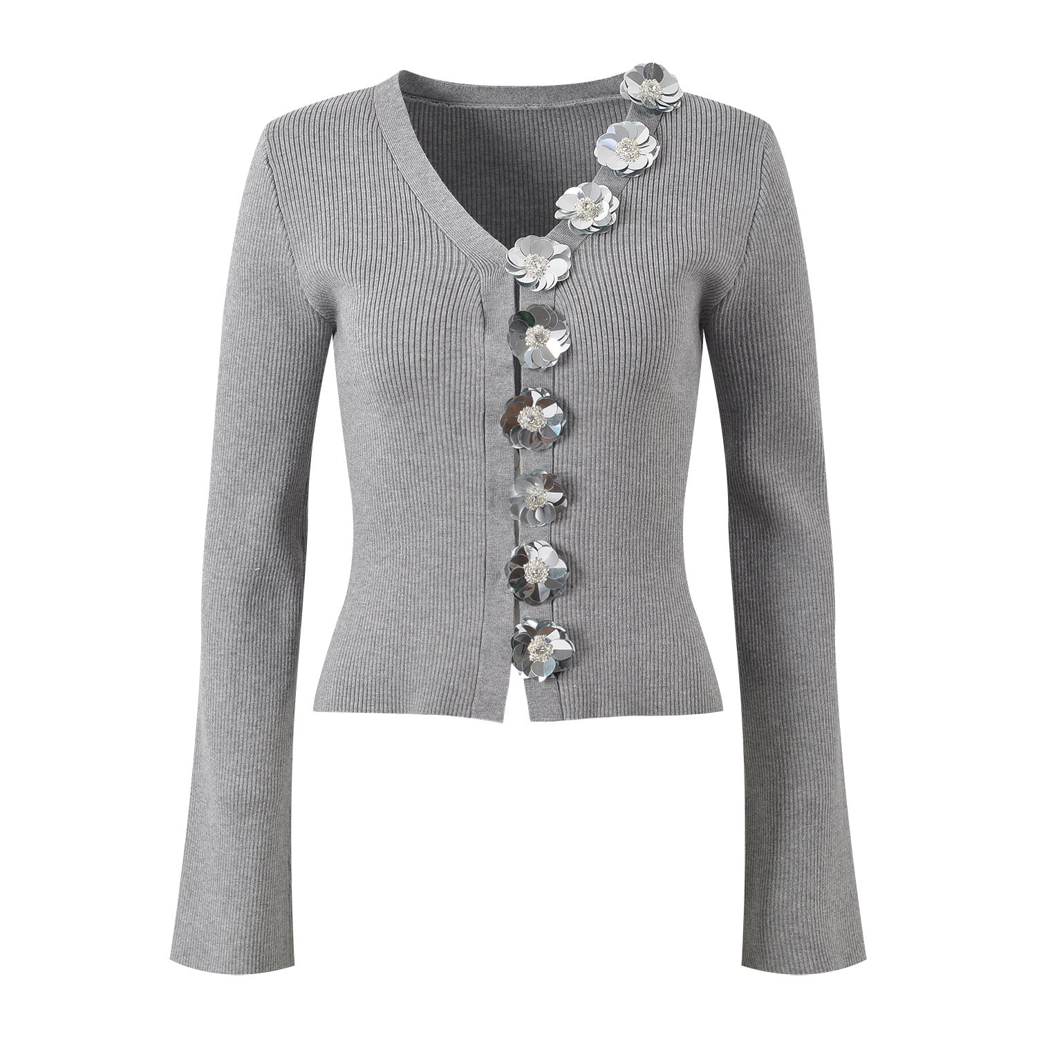 V-neck Knitted Cardigan Women's 2023 Autumn New Heavy Industry Sequin Flower Niche Design Slim Top