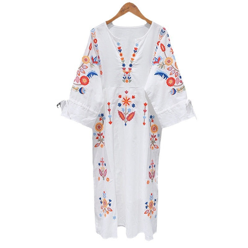 White linen dress with floral embroidery Sobachko