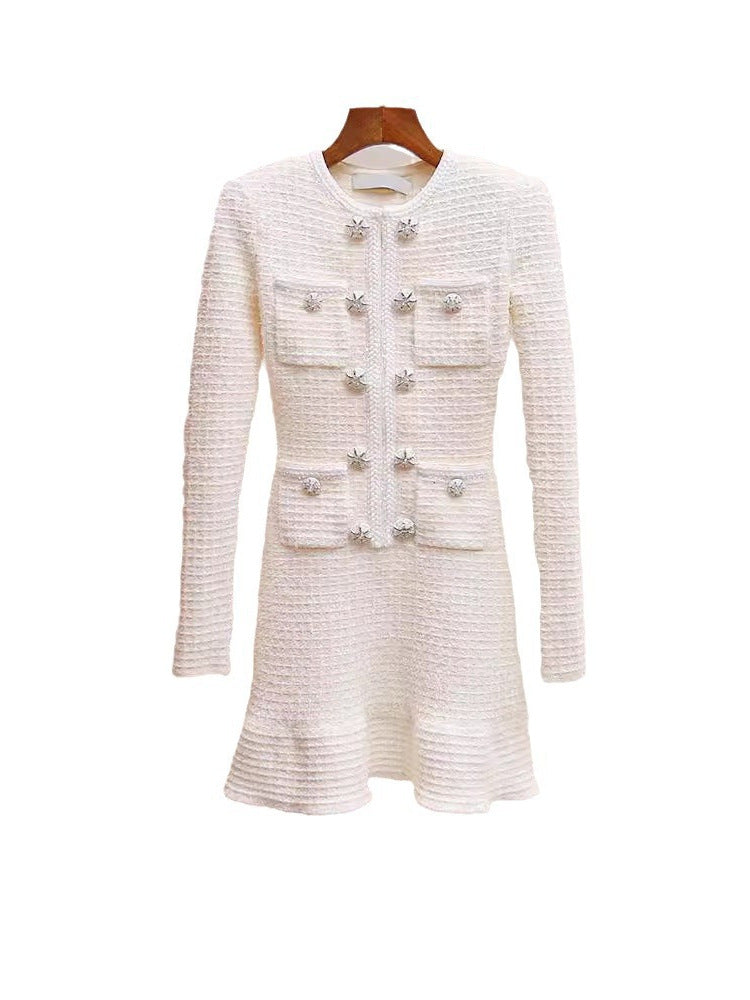 Diamond pocket slim long-sleeved knit dress