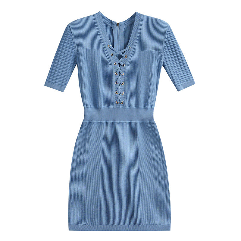 Zipper Short Sleeve Cinched Waist Knit Dress