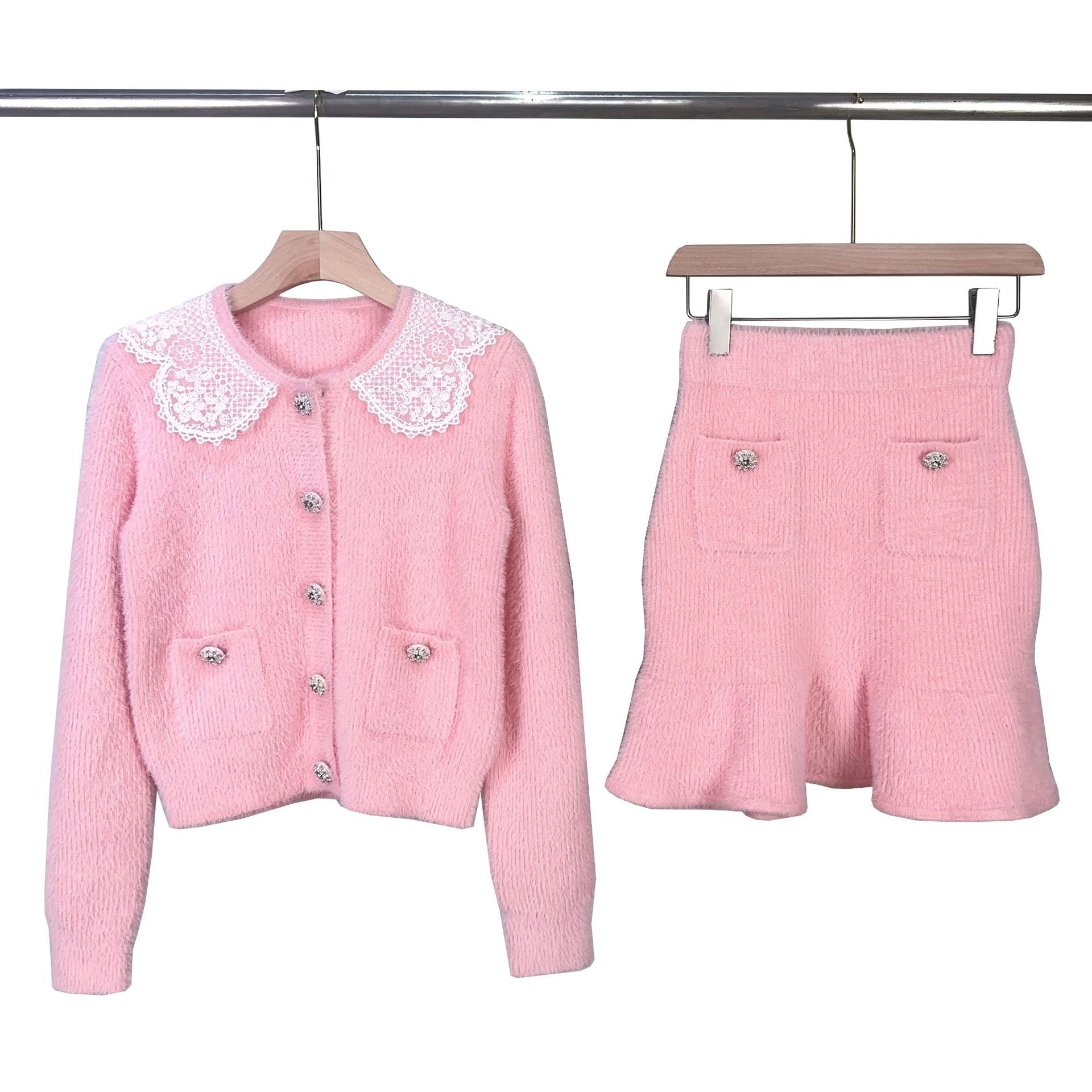 Pink lace doll collar knit long sleeve short suit
