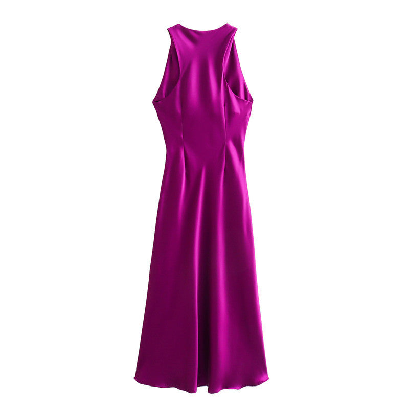 Round Neck Silk Satin Waist Dress