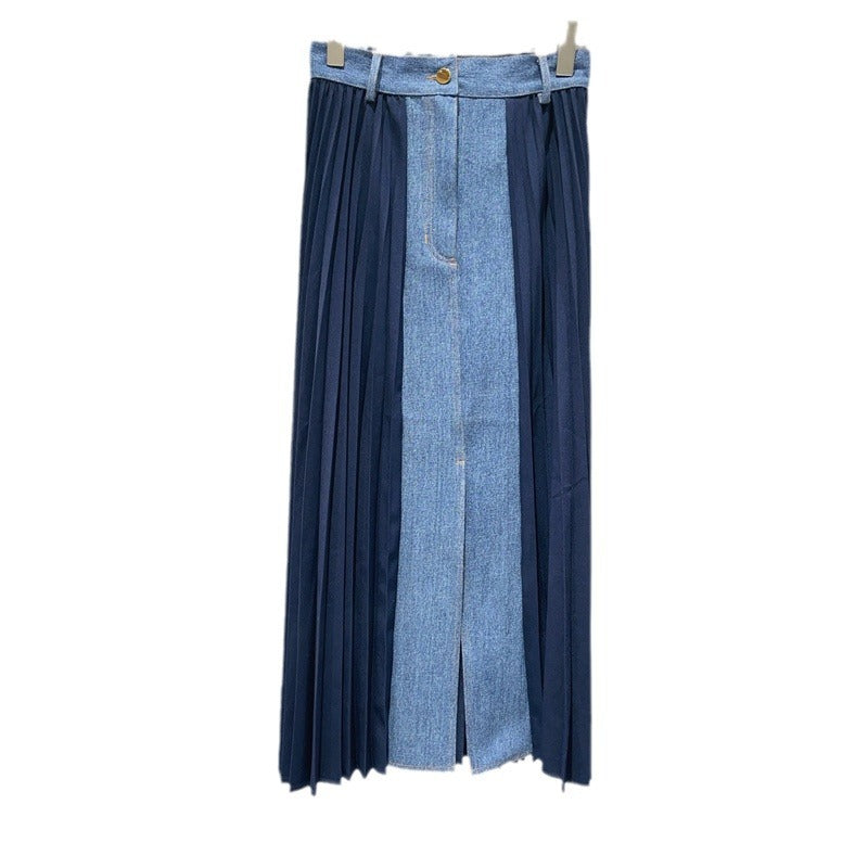 Tide Line Denim Panels Pleated Skirt