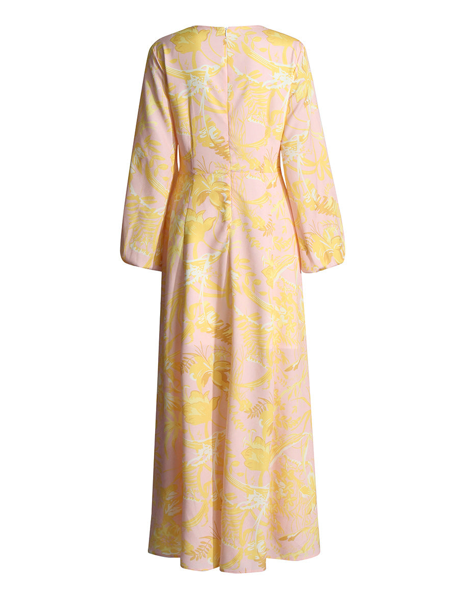 Printed Balloon Sleeve High Waisted Dress