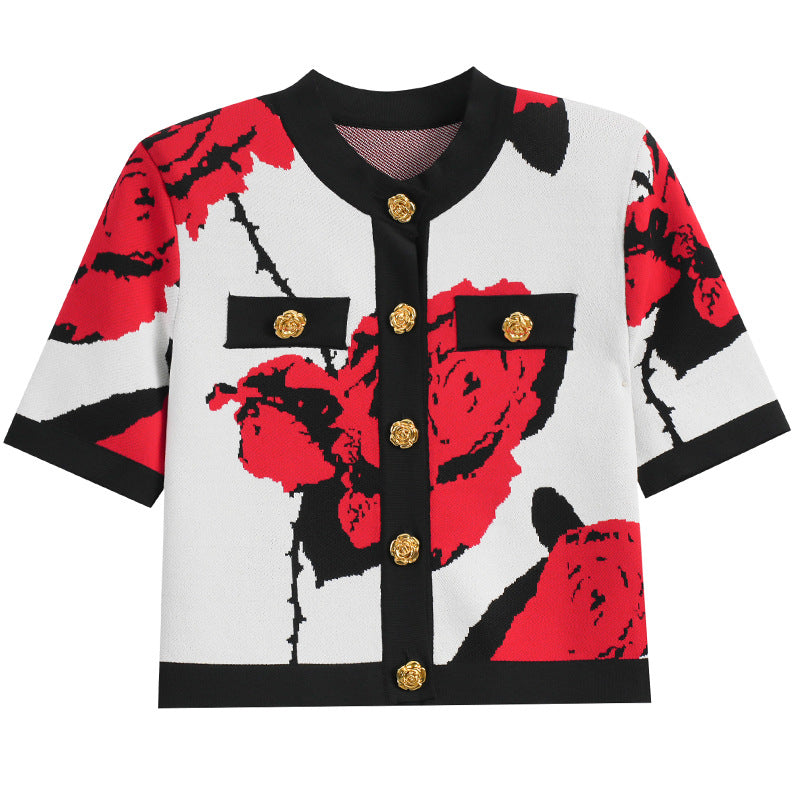 Rose jacquard flower metal buckle trim top