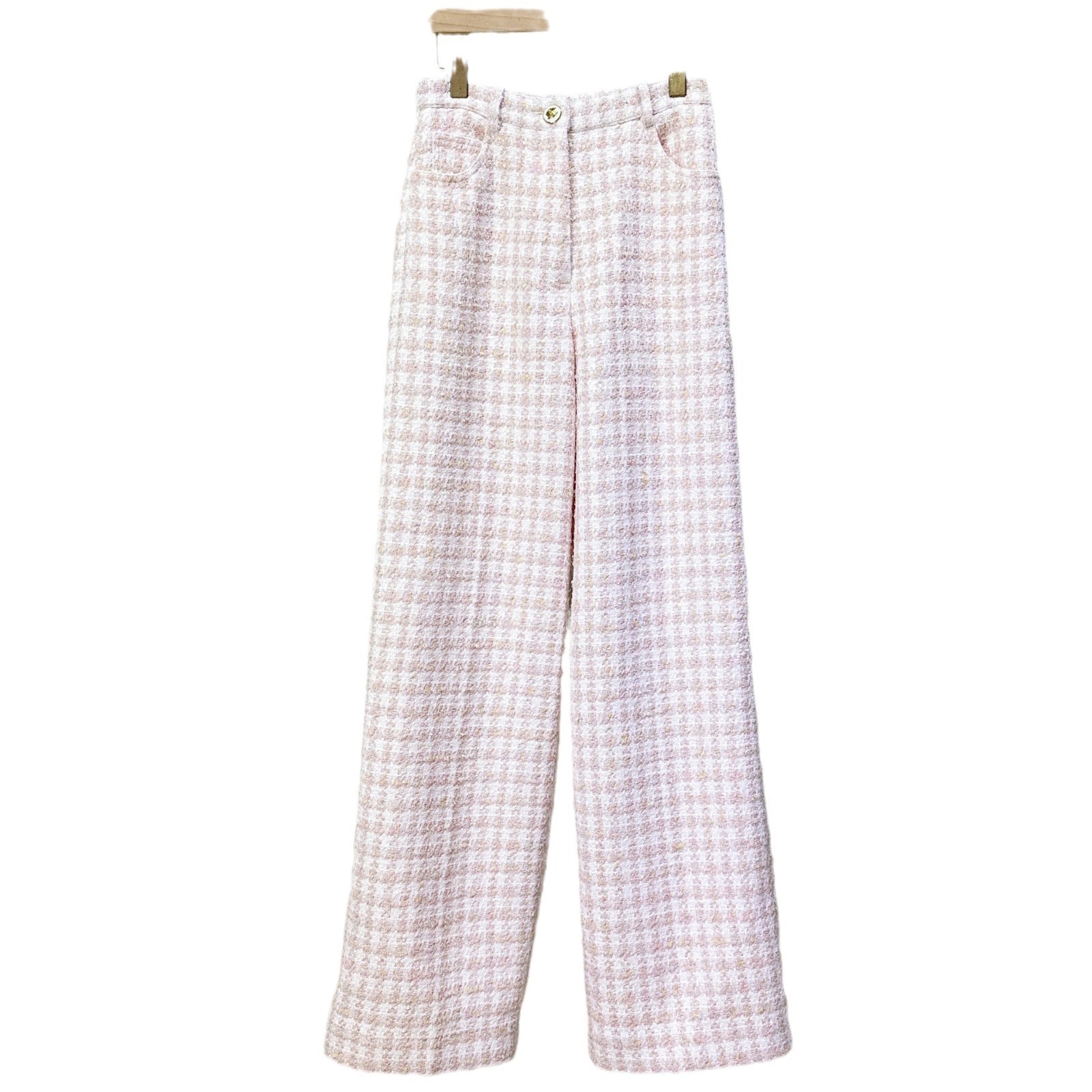 Pink tweed short jacket high-waisted wide-leg pants set