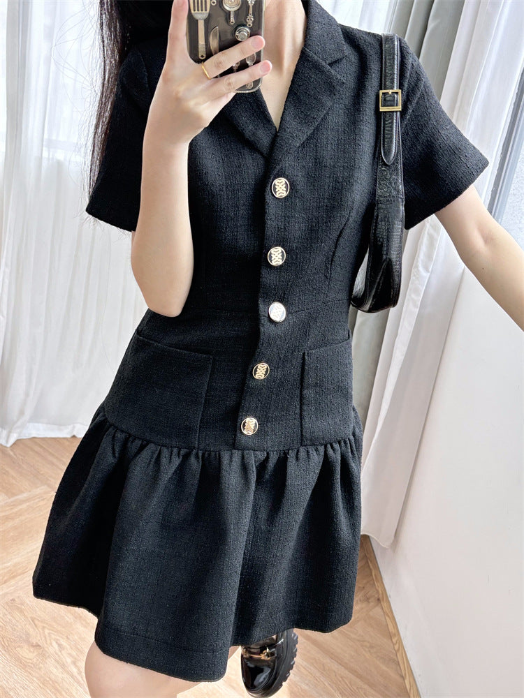 Waist Short Sleeve Lapel Little Black Dress