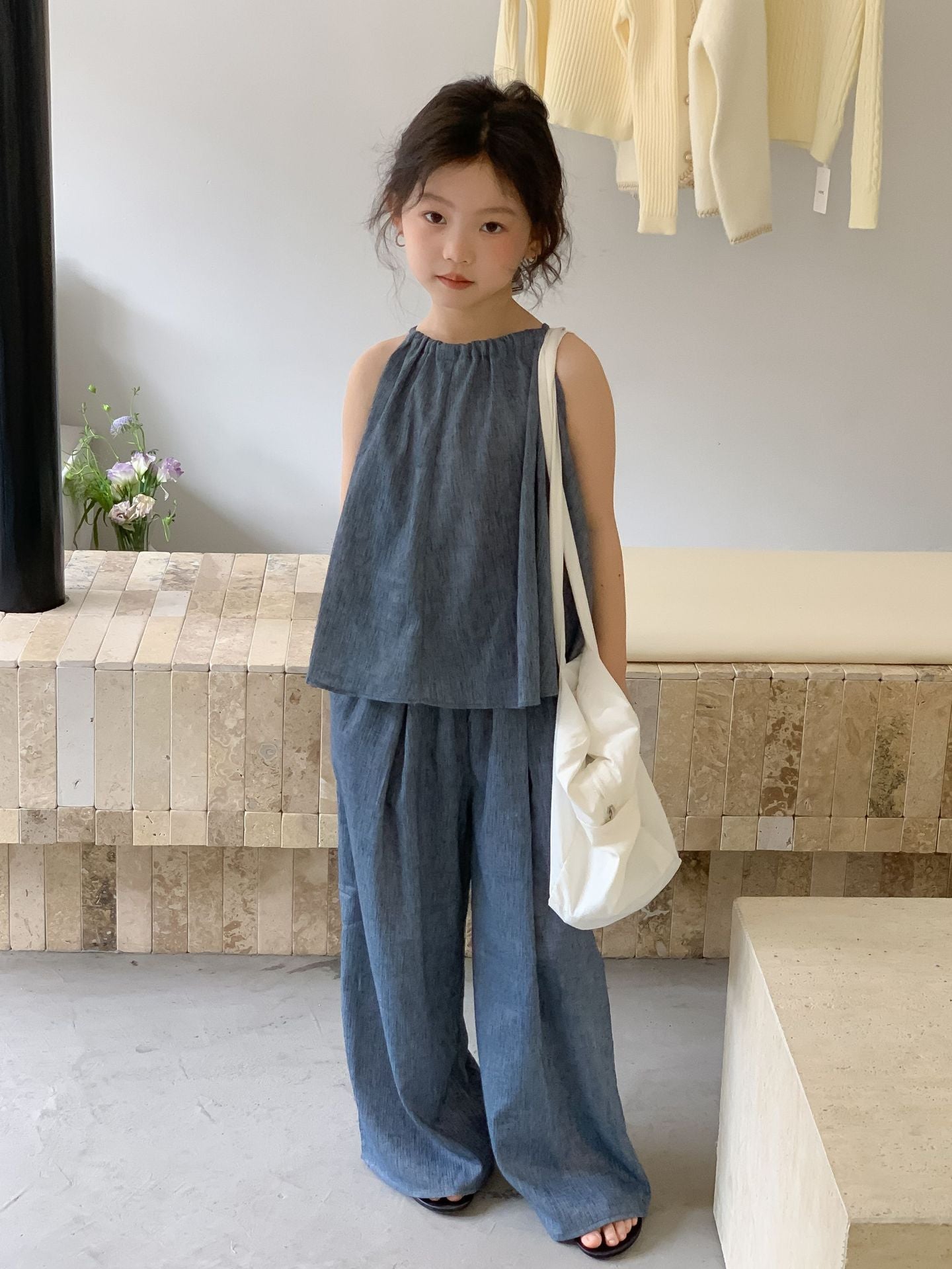 Girls' Blue Suspenders Wide-leg Pants Set in the Big Virgin Bao Cool Two-Piece Set