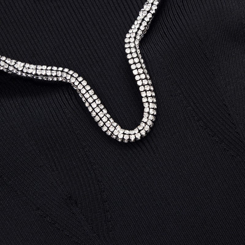 BLACK KNIT DIAMANTE TRIM MIDI DRESS
