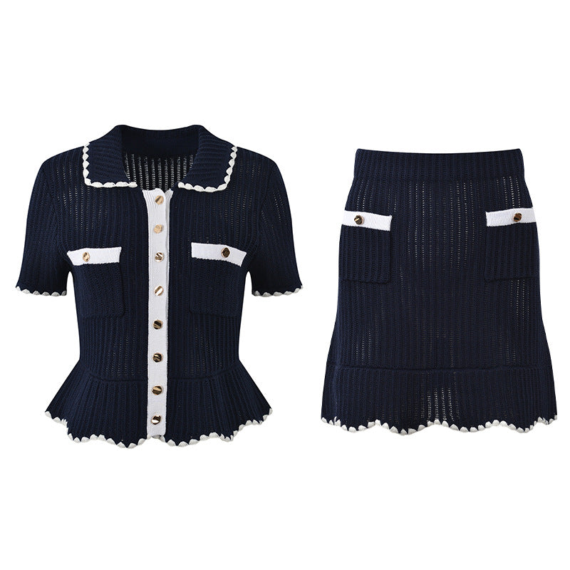 Hand-hooked ruffle lapel, single-breasted knitted skirt