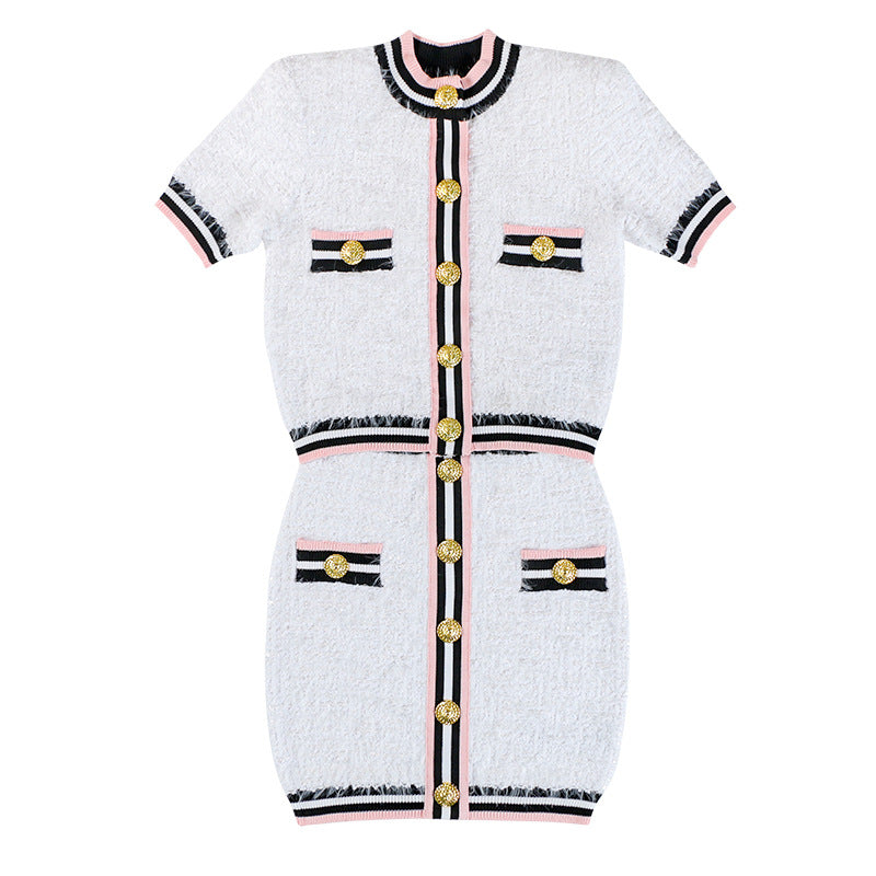 Vivienne Embellished Textured Tweed Mini Skirt Set - White