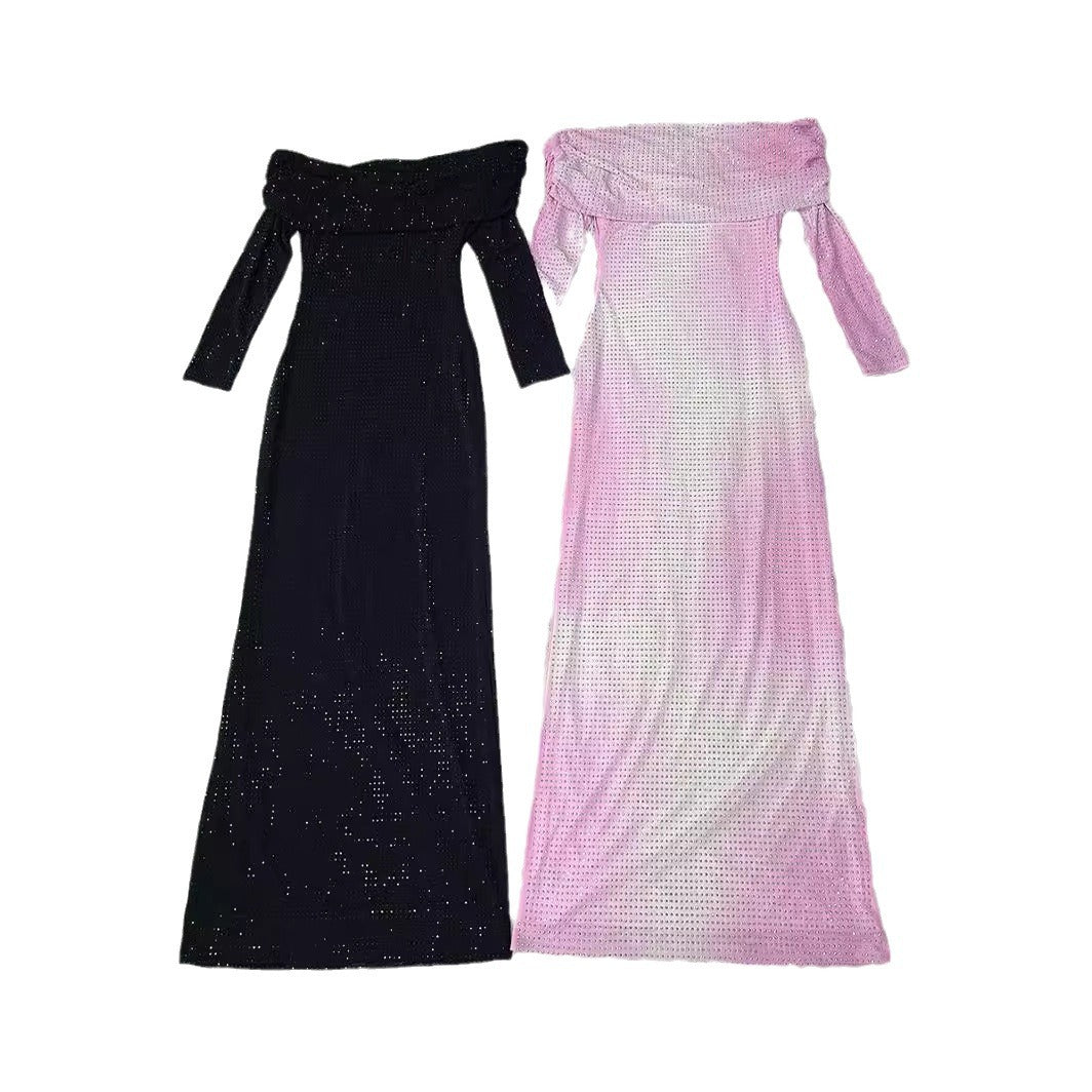 Seraphina Off-Shoulder Ombre Crystal Maxi Dress – Pink & White