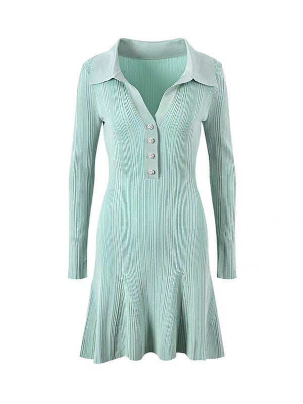 Silhouette polo neck knitted long-sleeved dress