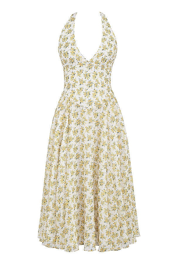 SOLADA IVORY VINTAGE FLORAL PRINT GEORGETTE HALTER SUNDRESS MIDI DRESS - White