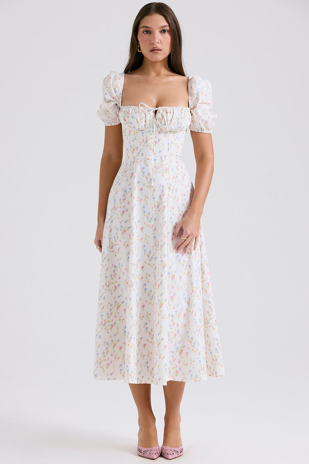 TALLULAH WHITE POSY PRINT COTTON PUFF SLEEVE MIDI SUNDRESS - White