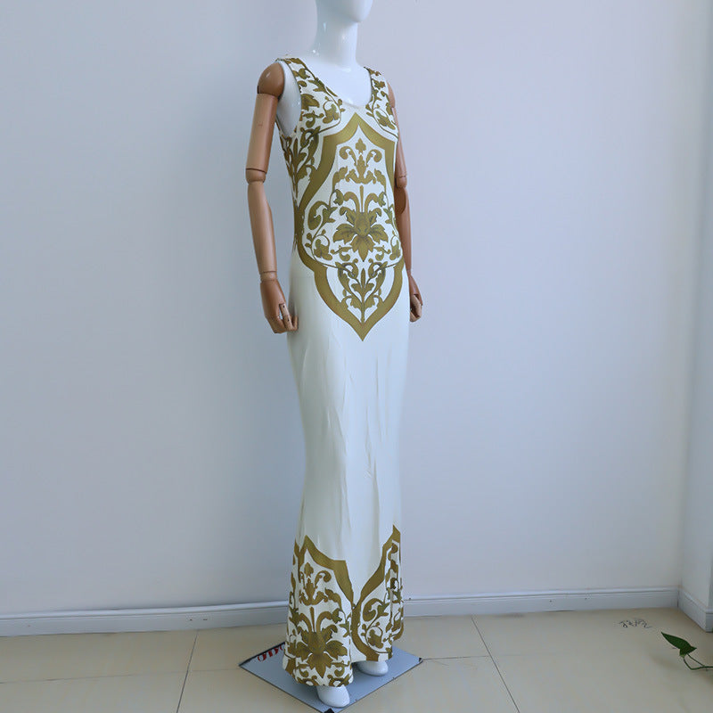 Waist print backless dress