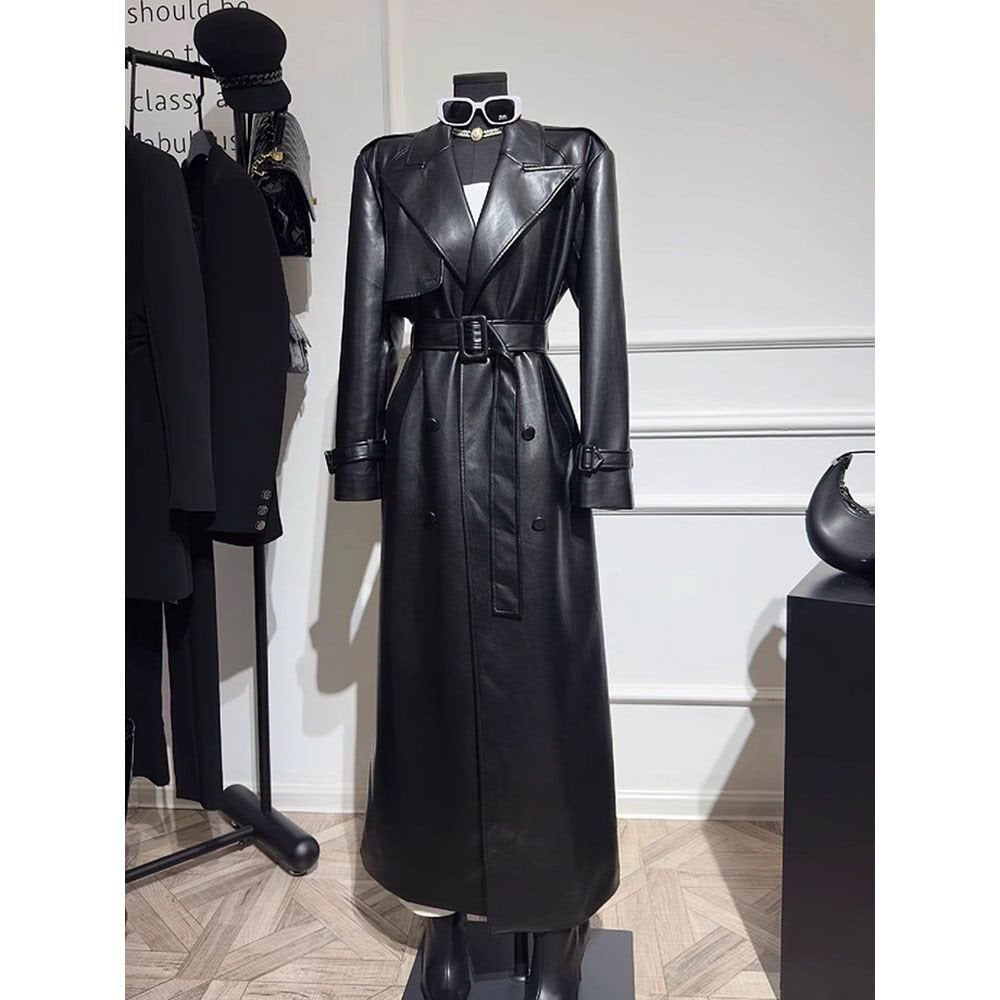 Long high-end Black leather jacket