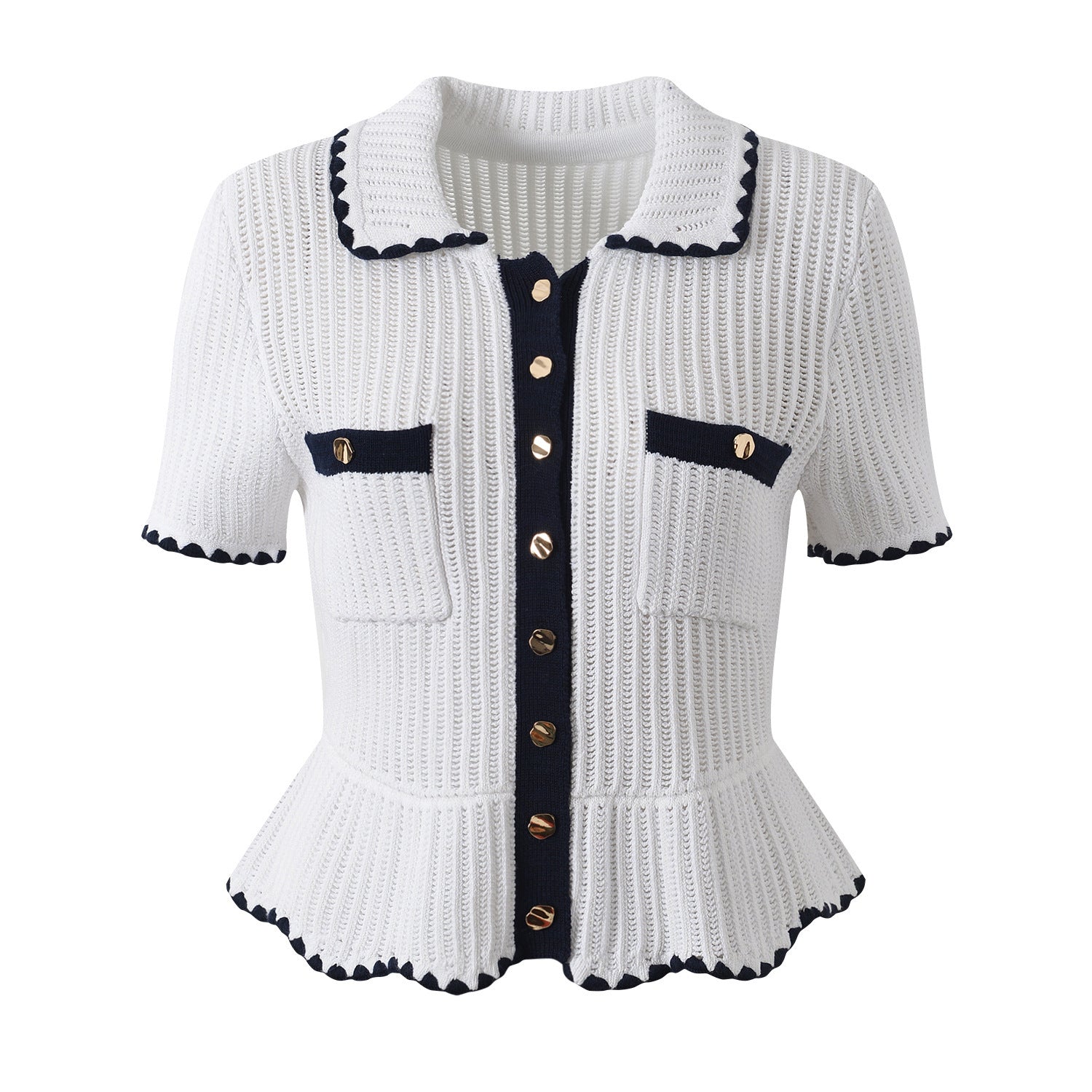 Hand-hooked ruffle lapel, single-breasted knitted skirt