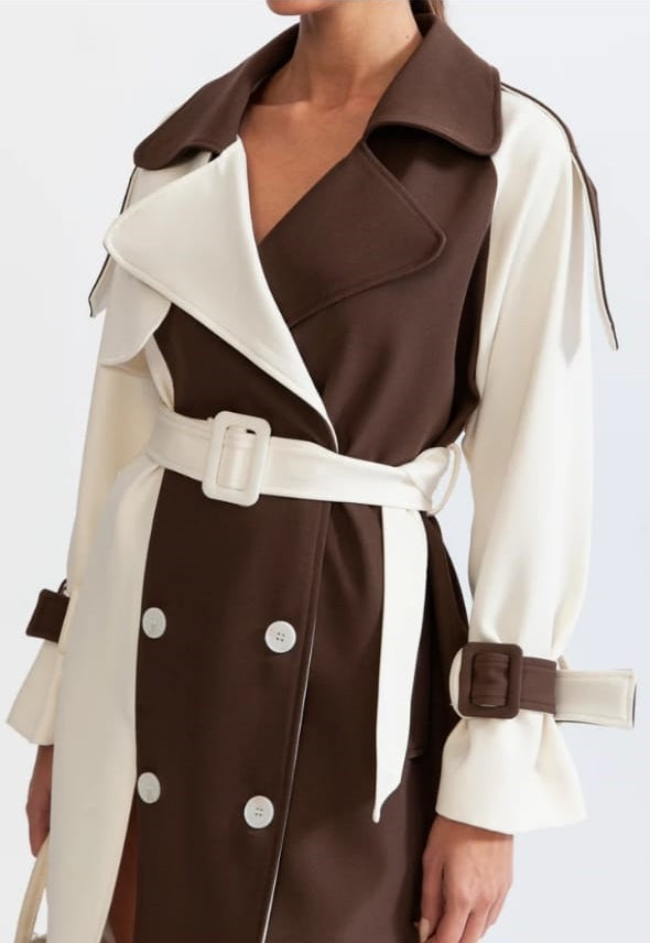 Bicolor Double Breasted Trench Coat - Cream&Brown