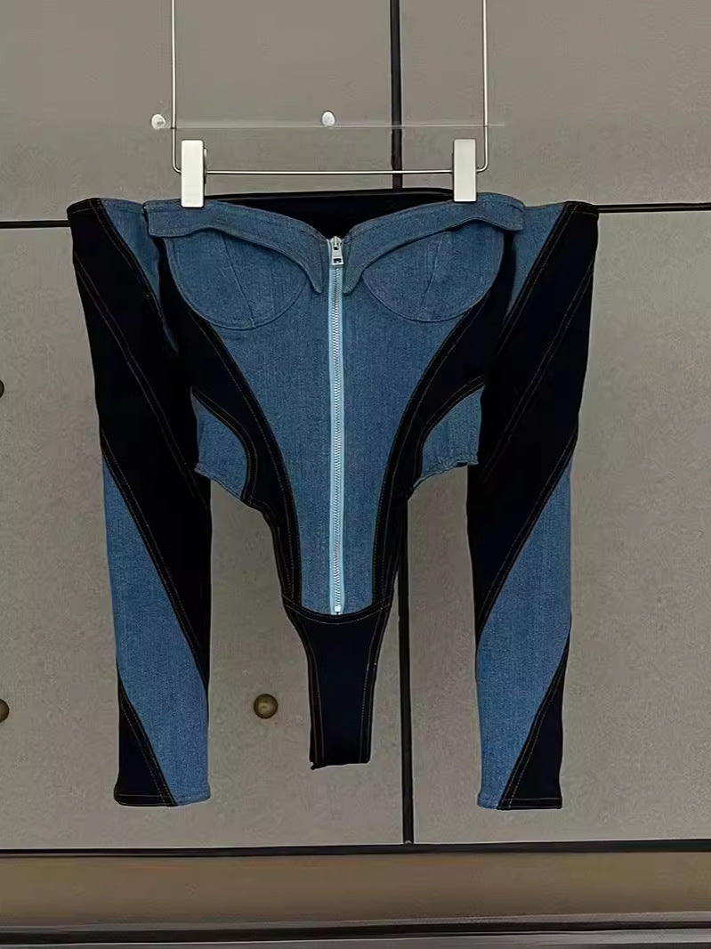 Denim one-piece long sleeved top